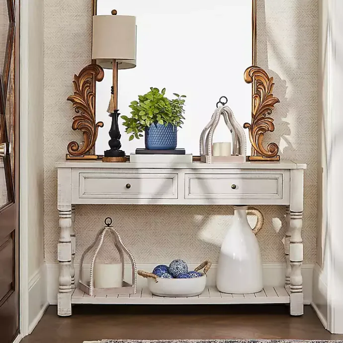 Discount Kirklands Home Savannah Cream Distressed Console Table Ivory
