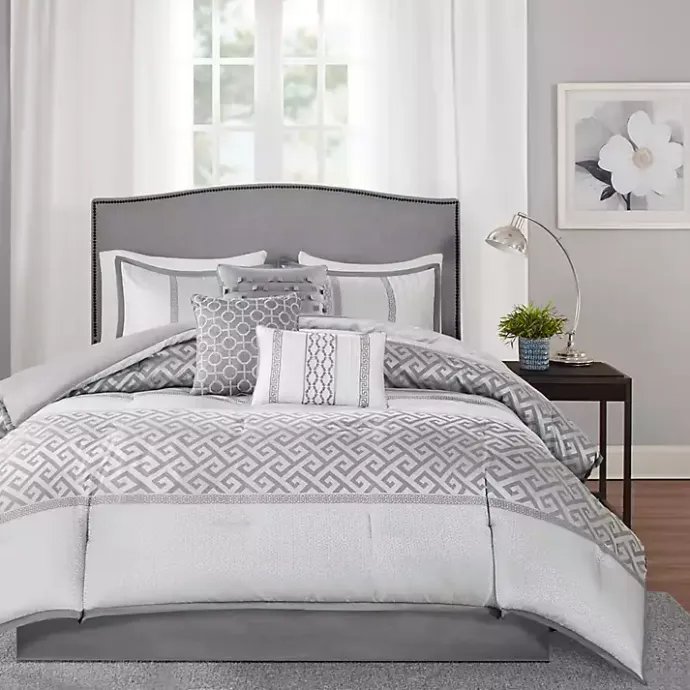 Sale Kirklands Home Silver Geometric Stripes 7-pc. Queen Comforter Set