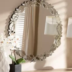 Kirklands Home Silver Petal Leaf Round Wood Frame Wall Mirror