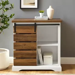 Online Kirklands Home Slatted Sliding Barn Door White and Oak Cabinet Brown