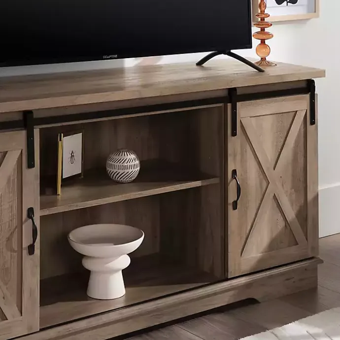 Discount Kirklands Home Sliding Barn Door Open Shelf Wash TV Stand Gray