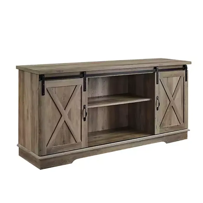 Discount Kirklands Home Sliding Barn Door Open Shelf Wash TV Stand Gray