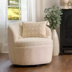 Discount Kirklands Home Small Round Cream Boucle Swivel Accent Chair White