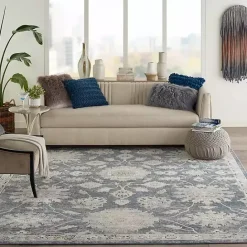 Kirklands Home Smokey Blue and Ivory Floral Area Rug, 6x9