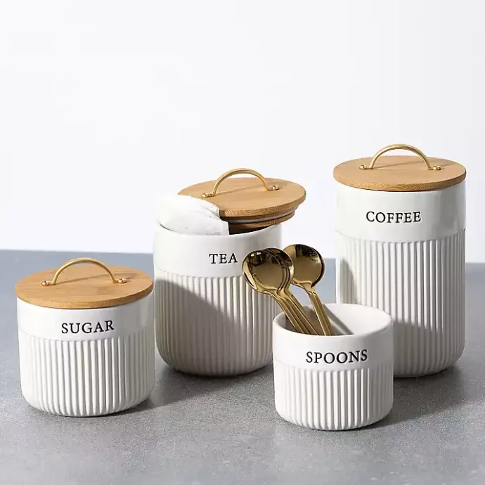 Kirklands Home Spoons Ribbed Ceramic Canister Ivory