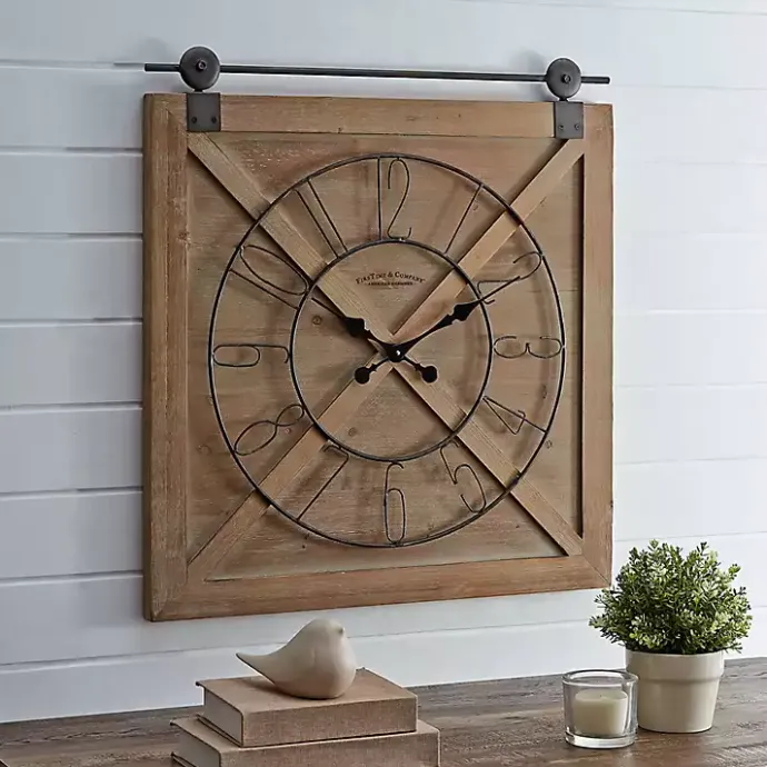 Discount Kirklands Home Square Wood Barn Door Wall Clock Brown