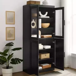 New Kirklands Home Tall Black Wood and 4-Door Storage Cabinet