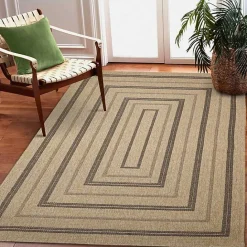 New Kirklands Home Tan and Black Framed Indoor/Outdoor Area Rug, 7X9