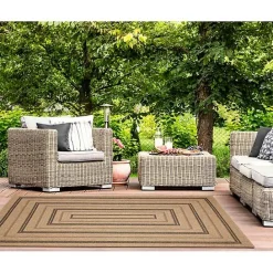 New Kirklands Home Tan and Black Framed Indoor/Outdoor Area Rug, 7X9