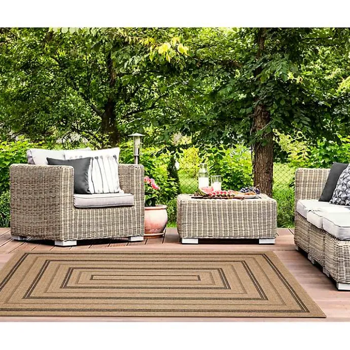 New Kirklands Home Tan and Black Framed Indoor/Outdoor Area Rug, 7X9