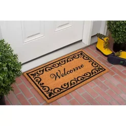 Discount Kirklands Home Tan and Black Scroll Welcome Doormat, 72x36 in.