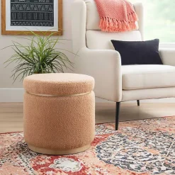 New Kirklands Home Sherpa Upholstered Storage Ottoman Tan