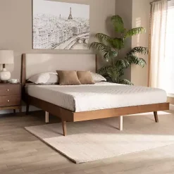 Sale Kirklands Home Tan Upholstered Brown Wood Full Platform Bed