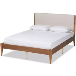 Best Kirklands Home Tan Upholstered Brown Wood King Platform Bed