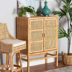 Outlet Kirklands Home Woven Rat and Wood Cabinet Tan