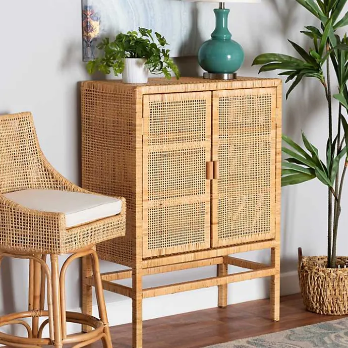 Outlet Kirklands Home Woven Rat and Wood Cabinet Tan