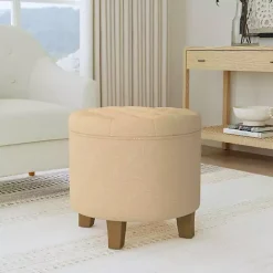 Kirklands Home Woven Upholstered Tufted Storage Ottoman Tan