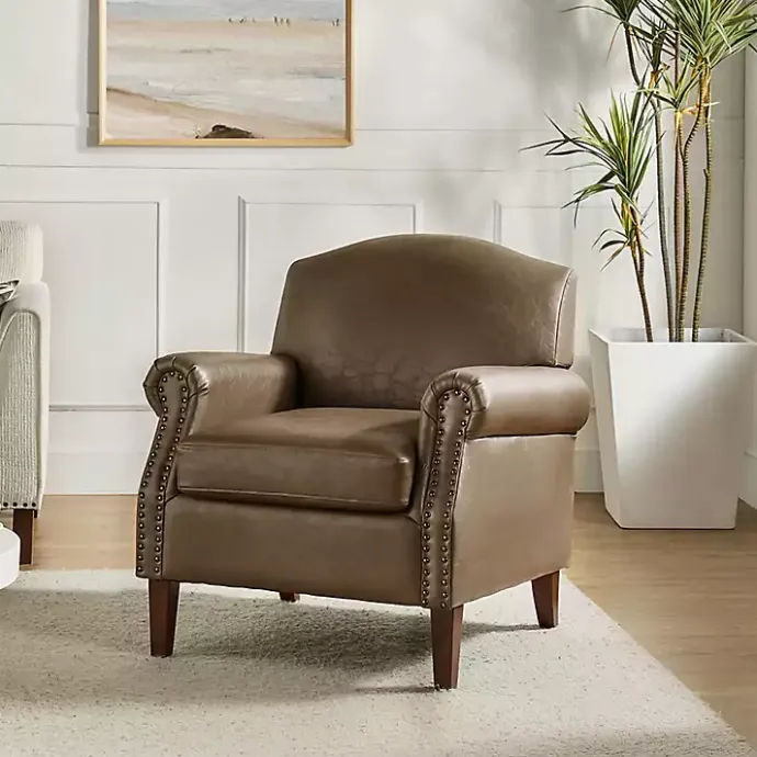 Online Kirklands Home Taupe Faux Leather Nailhead Taylor Armchair Brown