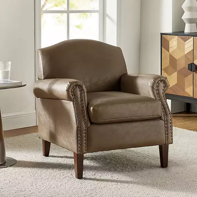 Online Kirklands Home Taupe Faux Leather Nailhead Taylor Armchair Brown