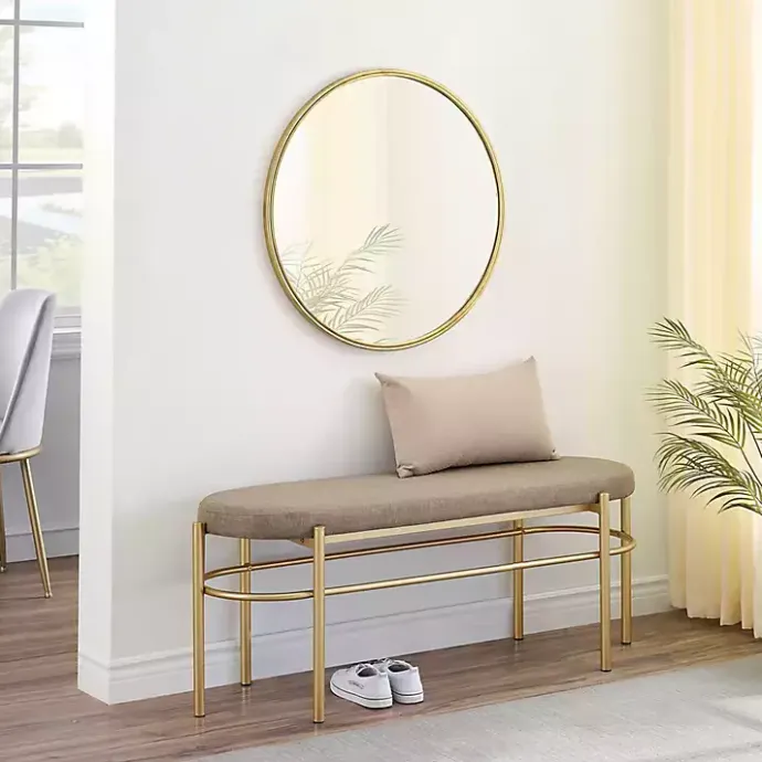 Discount Kirklands Home Taupe Upholstered Gold Metal Leg Bench Gray