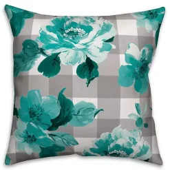 New Kirklands Home Teal Floral Buffalo Check Outdoor Pillow