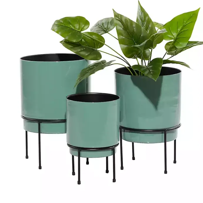 Outlet Kirklands Home Teal Metal Round Planters with Stands, Set of 3 Blue