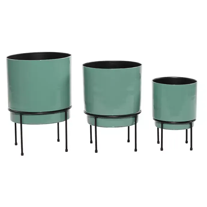 Outlet Kirklands Home Teal Metal Round Planters with Stands, Set of 3 Blue