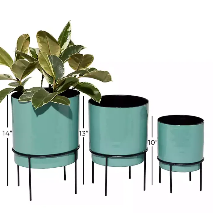 Outlet Kirklands Home Teal Metal Round Planters with Stands, Set of 3 Blue