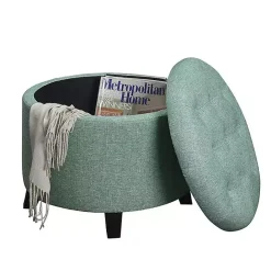 Sale Kirklands Home Teal Upholstered Eliza Round Storage Ottoman Blue