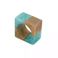 Kirklands Home Teal Wood and Resin Square Napkin Rings, Set of 4
