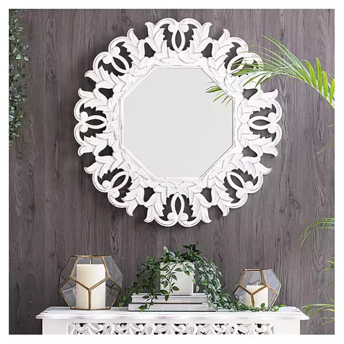 New Kirklands Home Vintage White Carved Octagon Wall Mirror