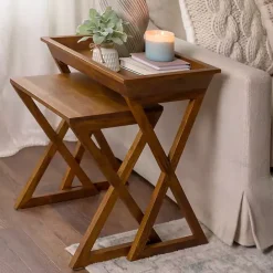 New Kirklands Home Walnut Acacia Wood 2-pc. End Table Set Brown