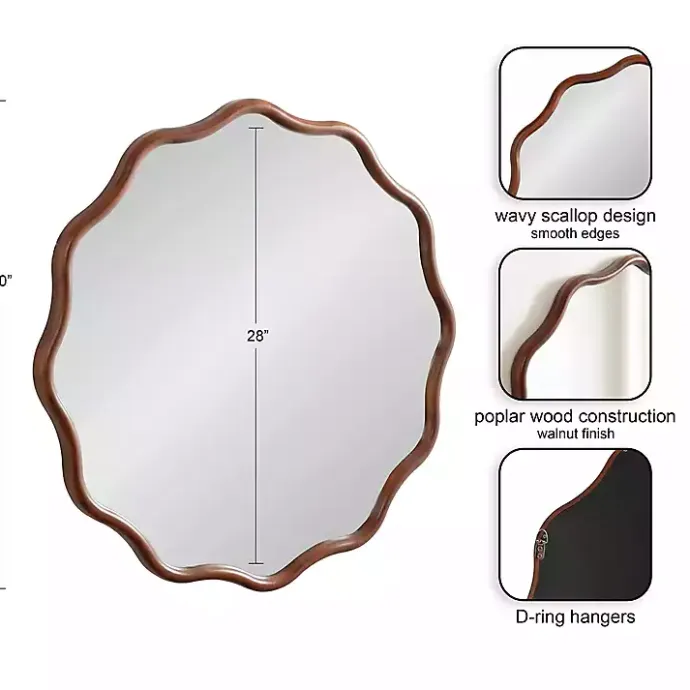 New Kirklands Home Walnut Wavy Scallop Round Wall Mirror Brown