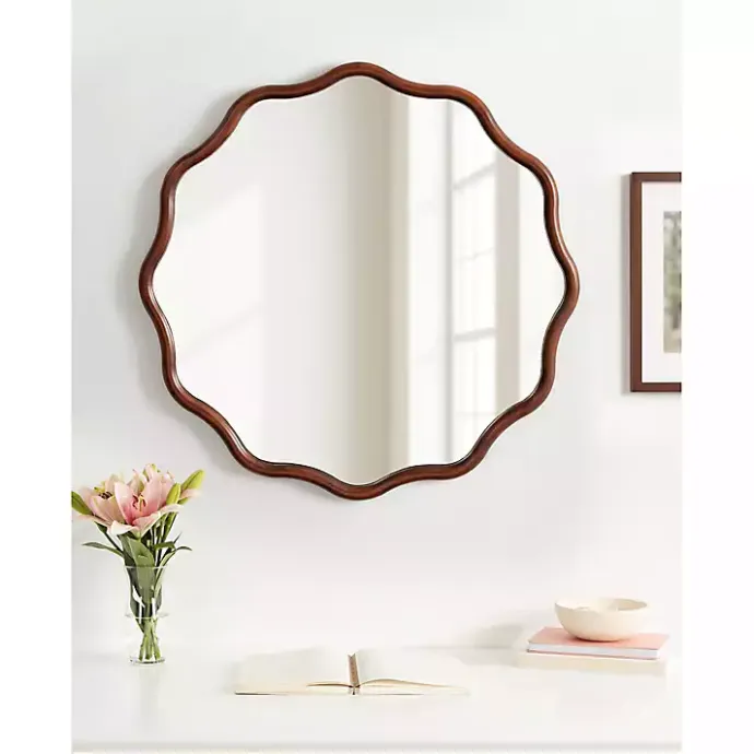 New Kirklands Home Walnut Wavy Scallop Round Wall Mirror Brown