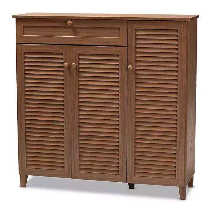 Discount Kirklands Home Walnut Wood 11-Shelf Paneled Shoe Cabinet Brown