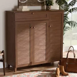 Discount Kirklands Home Walnut Wood 11-Shelf Paneled Shoe Cabinet Brown