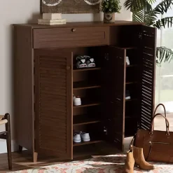 Discount Kirklands Home Walnut Wood 11-Shelf Paneled Shoe Cabinet Brown