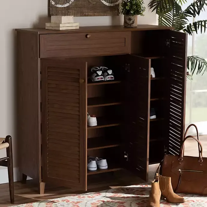 Discount Kirklands Home Walnut Wood 11-Shelf Paneled Shoe Cabinet Brown