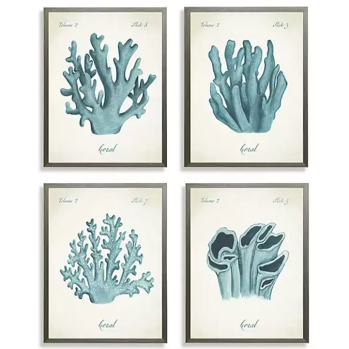 New Kirklands Home Watercolor Coral Gray Framed Art Prints, Set of 4