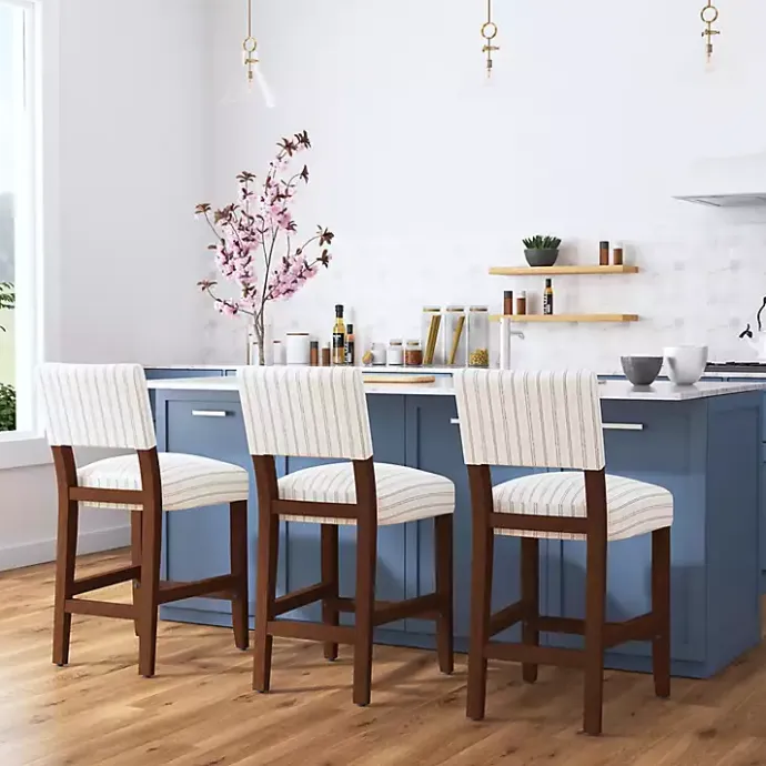 Hot Kirklands Home White and Blue Striped Dark Walnut Counter Stool