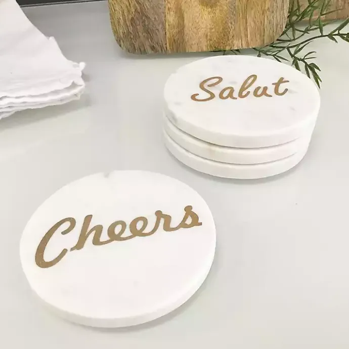 Sale Kirklands Home White and Gold Marble Wine Coasters, Set of 4