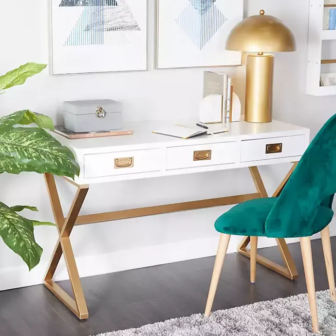 Clearance Kirklands Home White and Gold Metal Desk with Outlets
