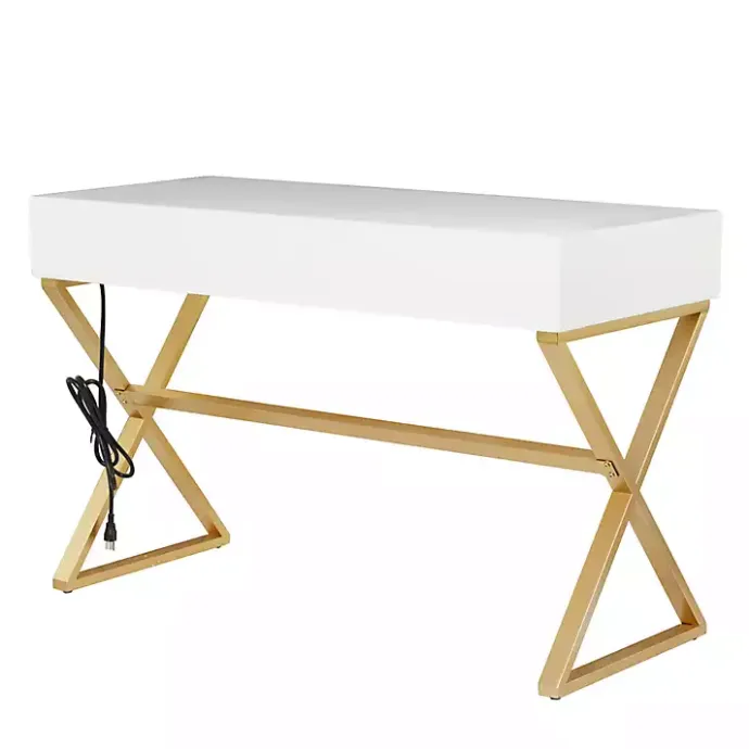Clearance Kirklands Home White and Gold Metal Desk with Outlets