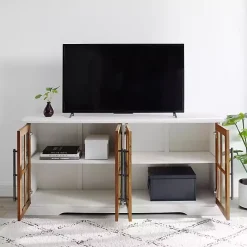 Outlet Kirklands Home and Rustic Oak Glass Door TV Stand White
