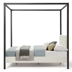 Hot Kirklands Home White Boucle Upholstered Black Canopy Queen Bed
