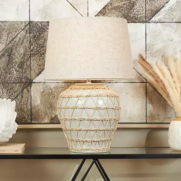 Clearance Kirklands Home Ceramic and Jute Woven Table Lamp White