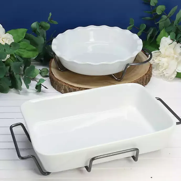 Clearance Kirklands Home Ceramic Baker and Pie Dish Set with Racks White
