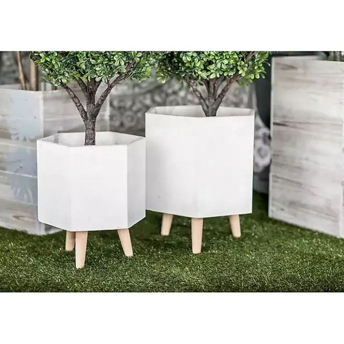 Online Kirklands Home Clay and Wood Hexagon Planters, Set of 2 White