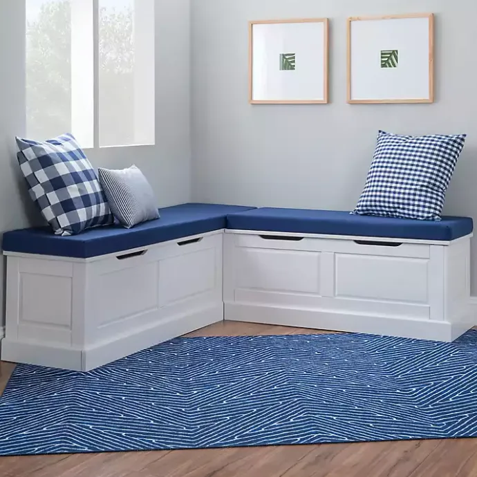 Hot Kirklands Home White Corner Bench with Blue Cushions