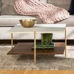Outlet Kirklands Home White Faux Marble and Brown Wood Coffee Table